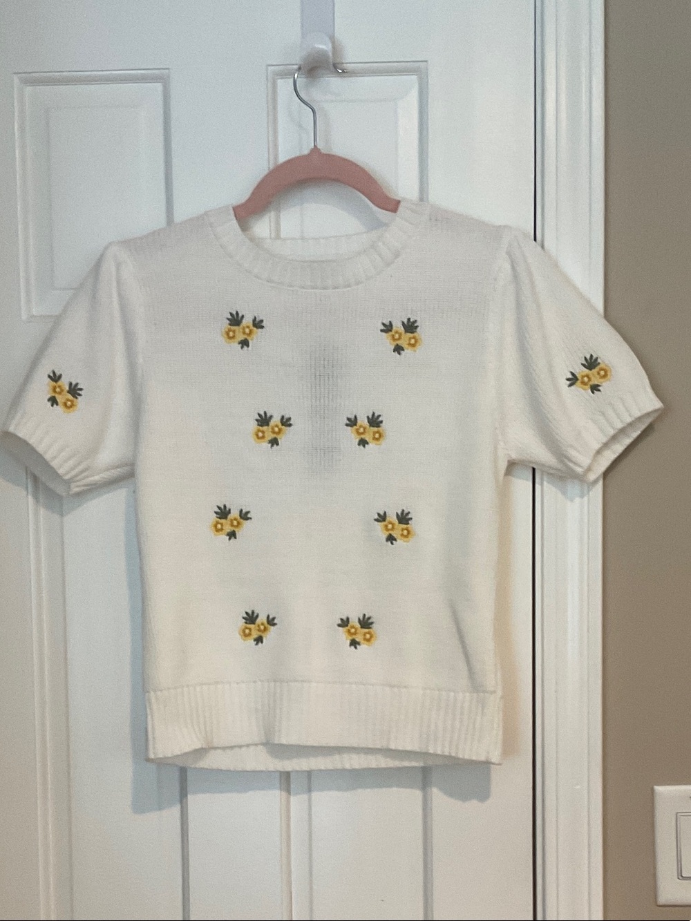 Cream Short-Sleeve Knit Sweater with Yellow Floral Embroidery